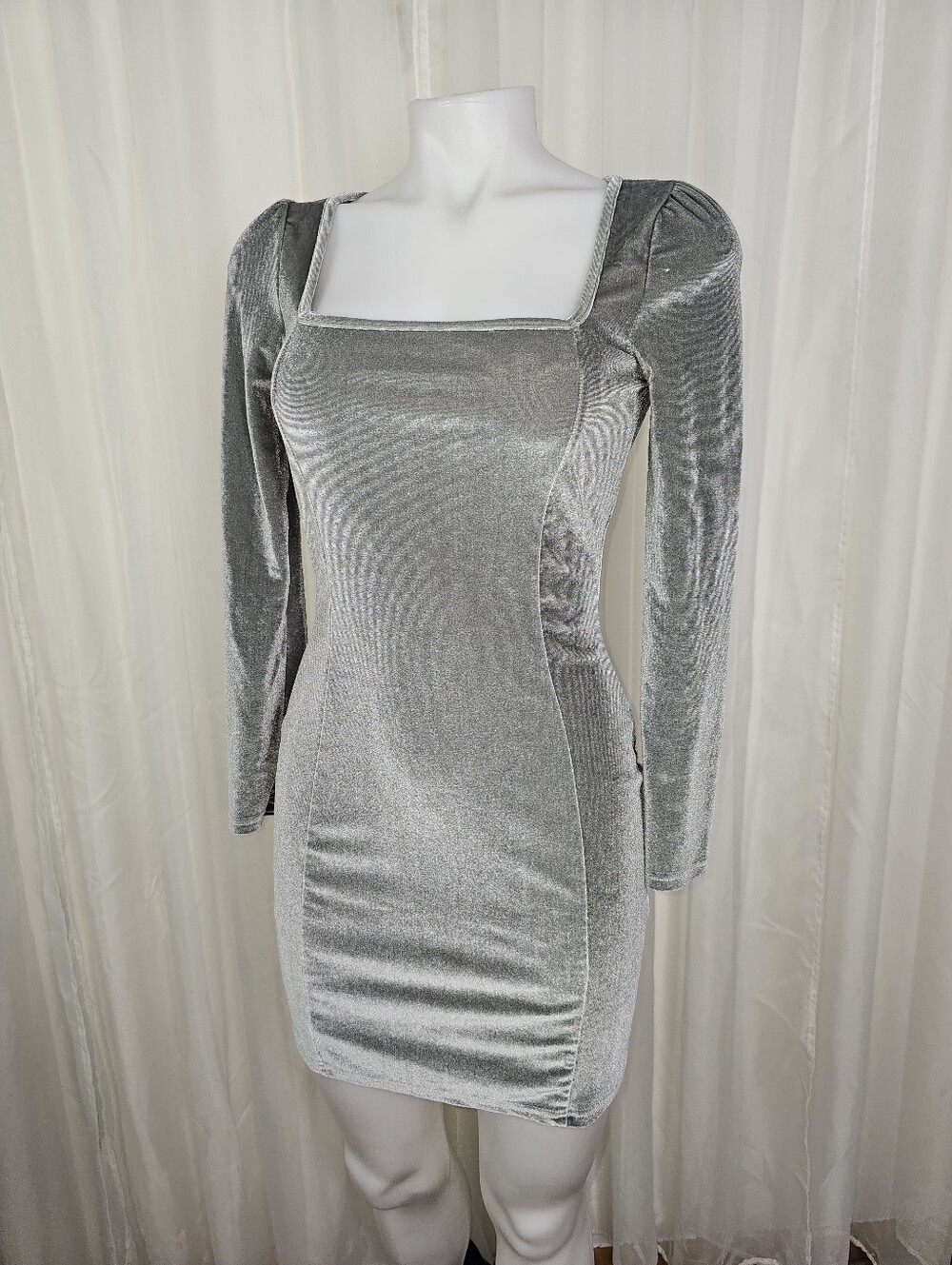 Silver Velvet Long Sleeve Dress Bodycon Mini Y2k Party Size Small